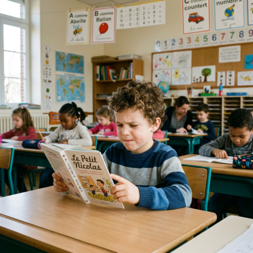 Young boy reading 'Le Petit Nicolas' book in classroom with classmates and teacher