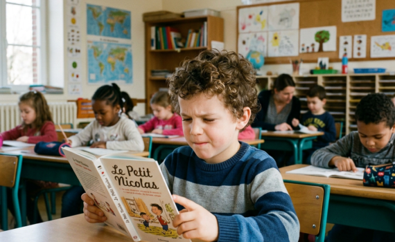Young boy reading 'Le Petit Nicolas' book in classroom with classmates and teacher